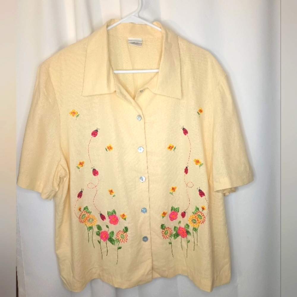 Vintage Studio C Ladybug Embroidered Button Up Top 20W Linen Blend Cottagecore